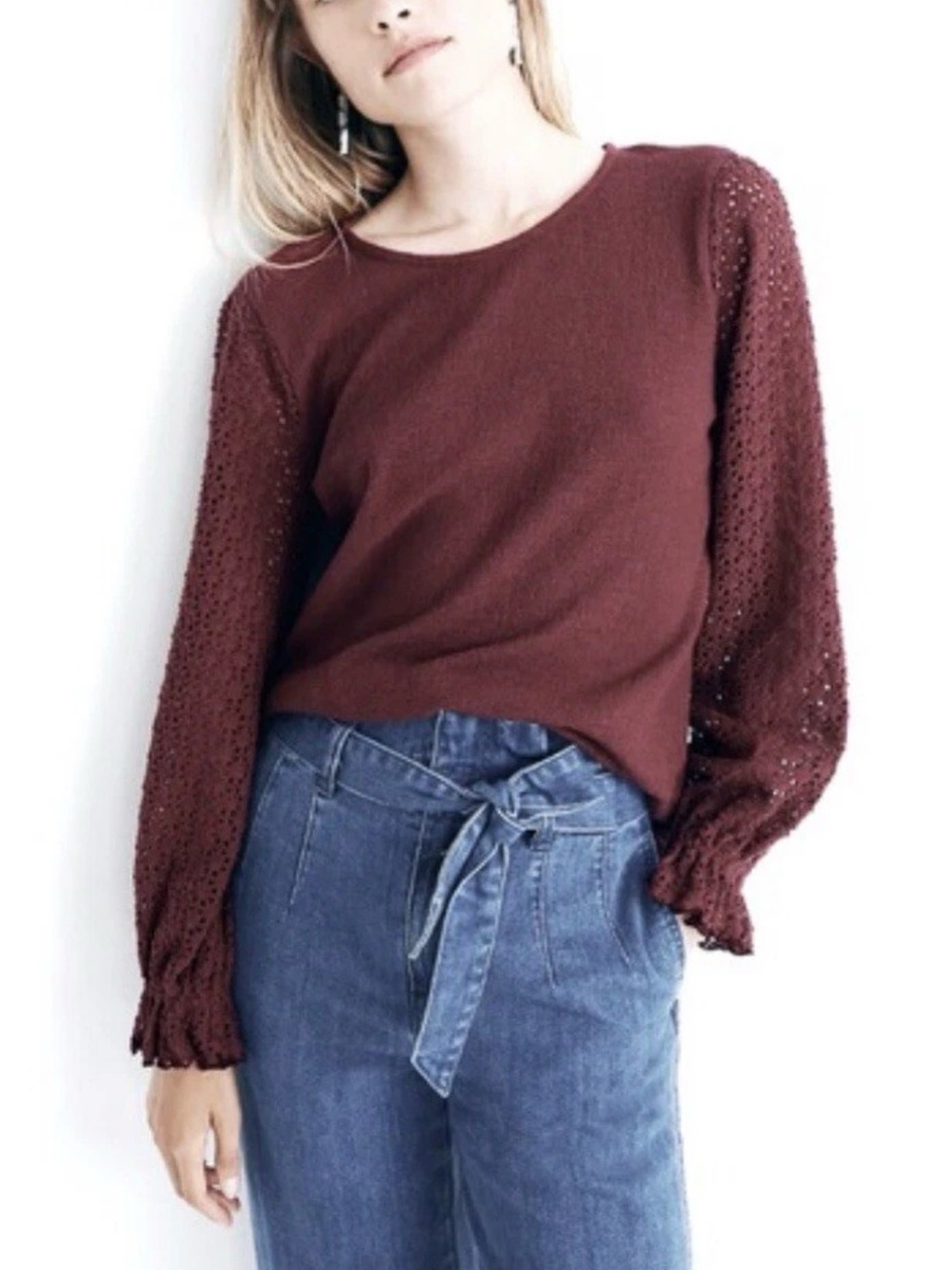 Madewell Texture & Thread Dusty Burgundy Eyelet Mix Ruffle Sleeve Blouse Top